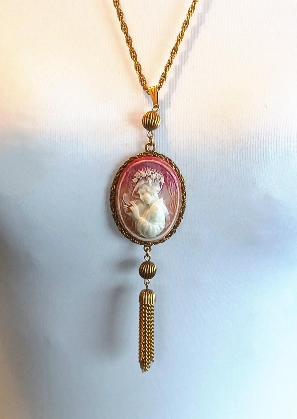 Vintage Victorian Revival Cameo Tassel Pendant Necklace